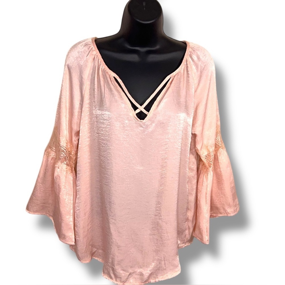 Small Crave Fame Pastel Pink Peach Blouse Satin Top Bell Sleeve Boho Bohemian
